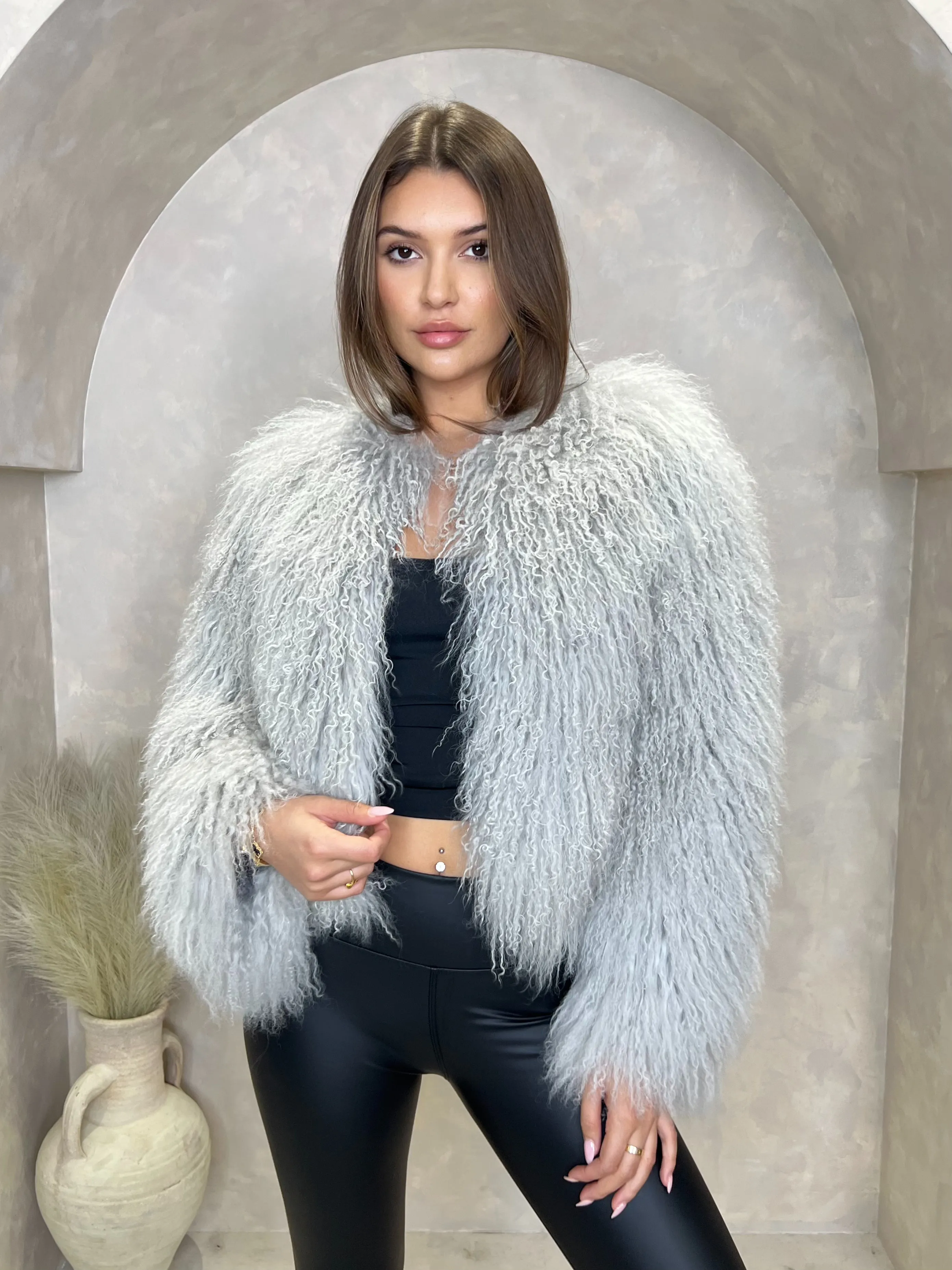 Grey Luxury Mongolian Lamb Fur Coat