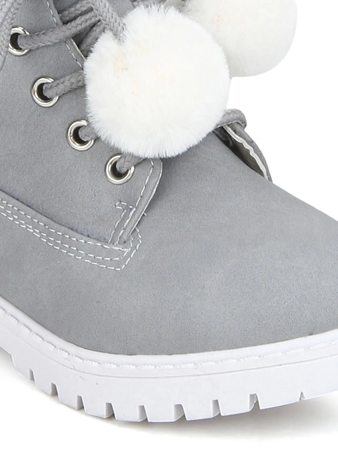 Grey PU Pom Pom Lace-up Ankle Boots