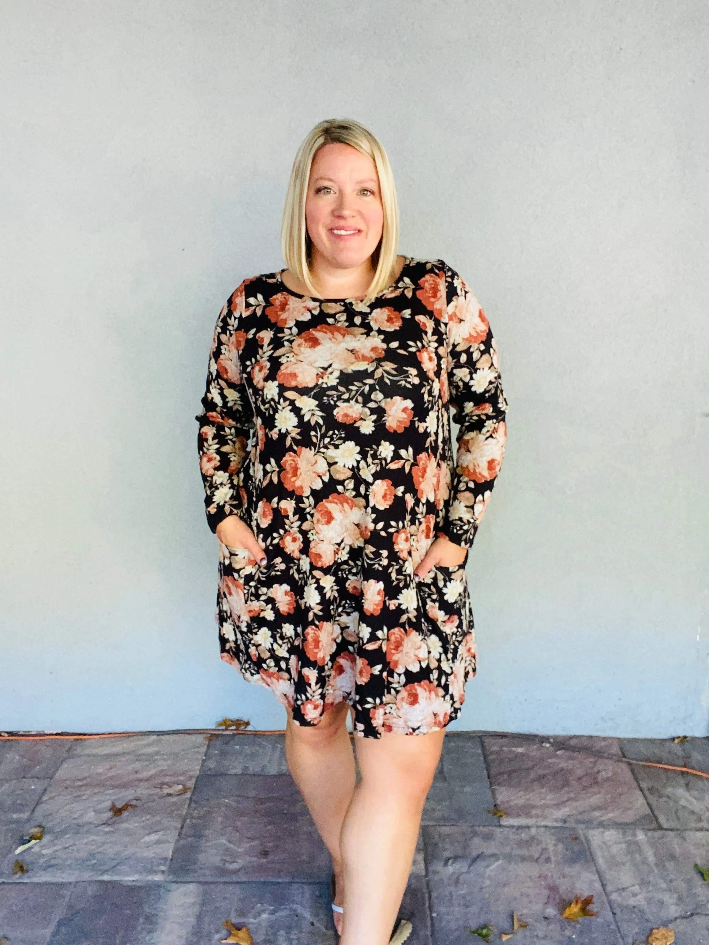 Hacci Floral Knit Tunic Dress with Pockets