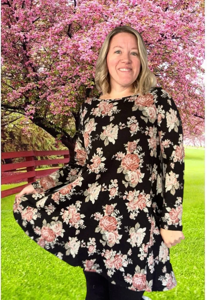 Hacci Floral Knit Tunic Dress with Pockets