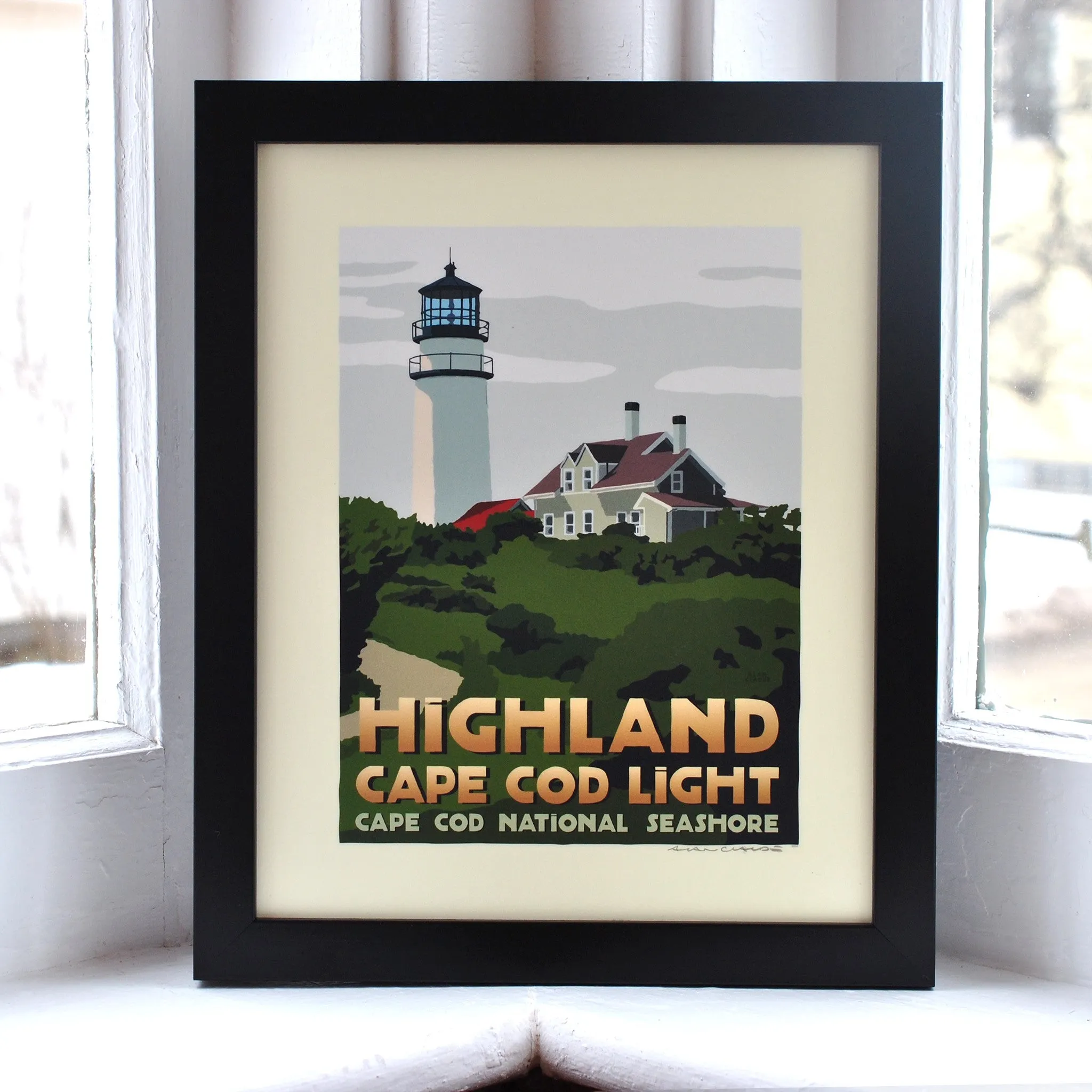 Highland Light Art Print 8" x 10" Framed Travel Poster By Alan Claude - Massachusetts