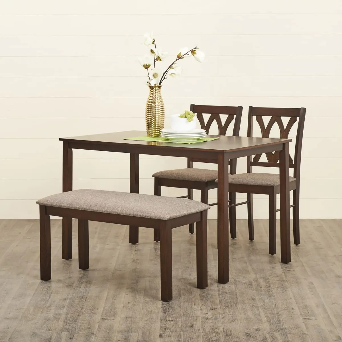 Home Centre Cornell Rubber Wood 4 Seater Dining Table Set with 2 Chairs and 1 Bench - Antique Cherry Color