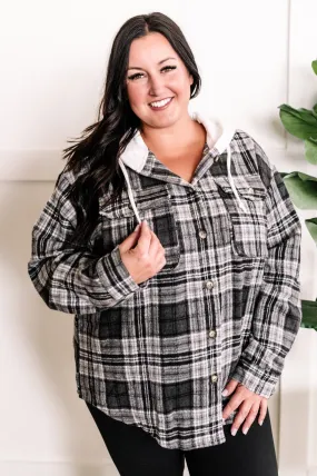 Hooded Flannel Shacket In Grey Plaid