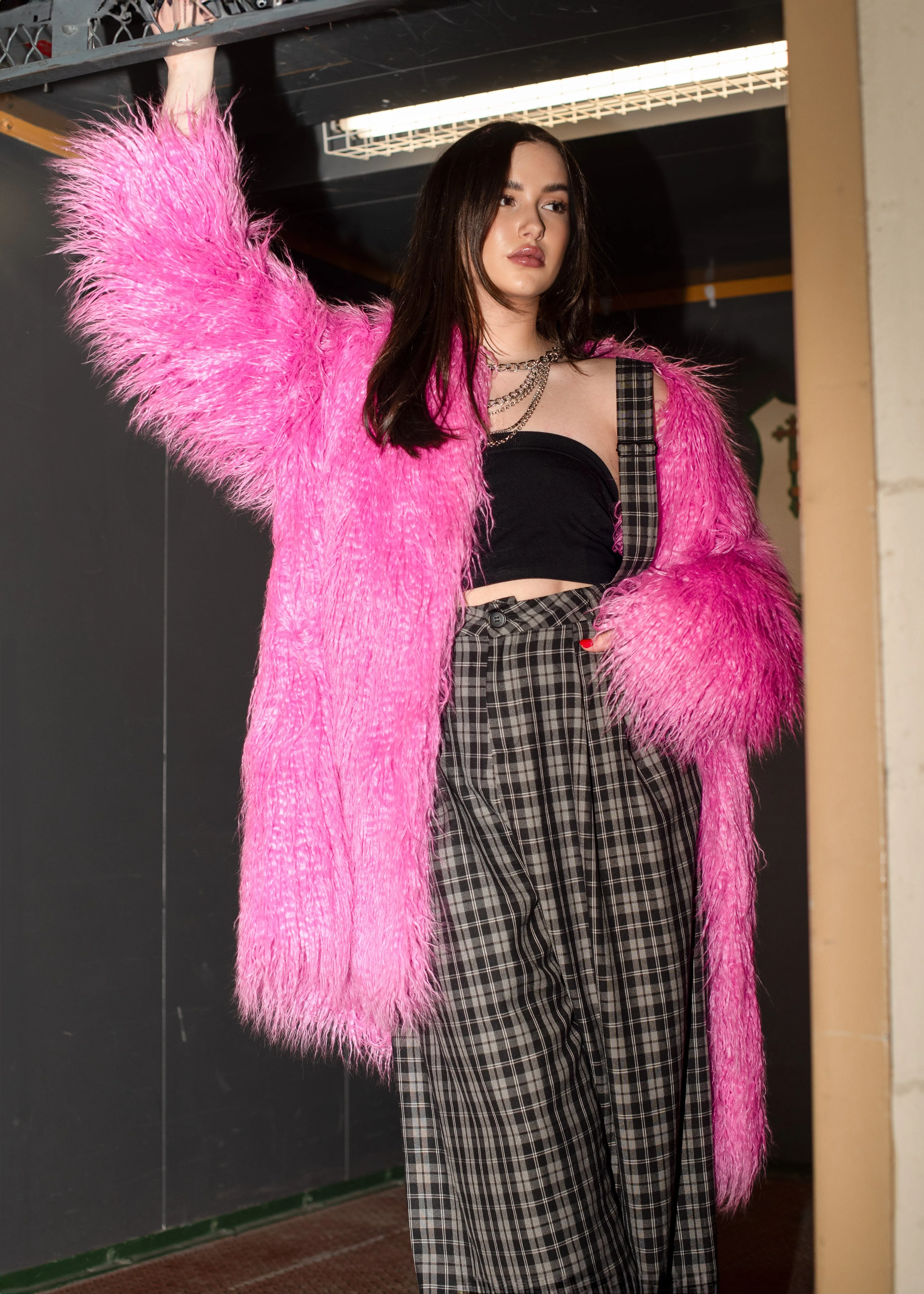 Hot Pink Mongolian Faux Fur Coat