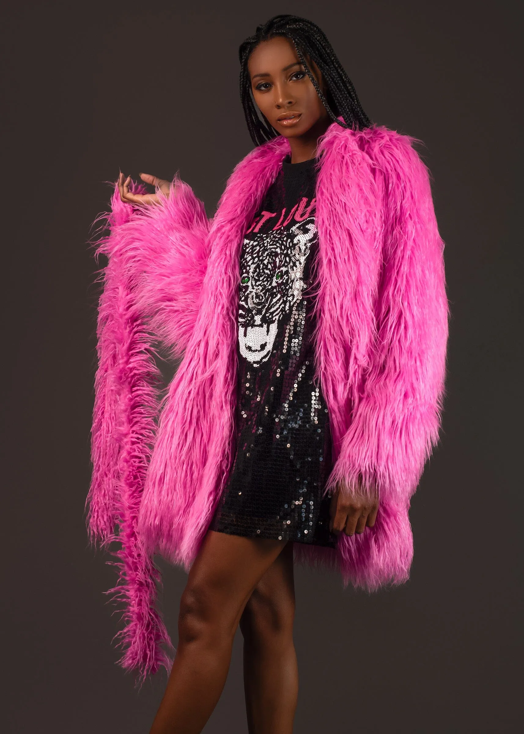 Hot Pink Mongolian Faux Fur Coat