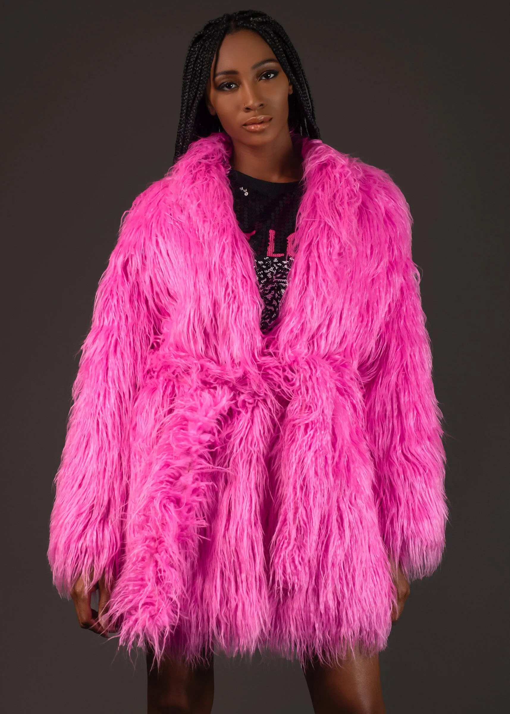 Hot Pink Mongolian Faux Fur Coat