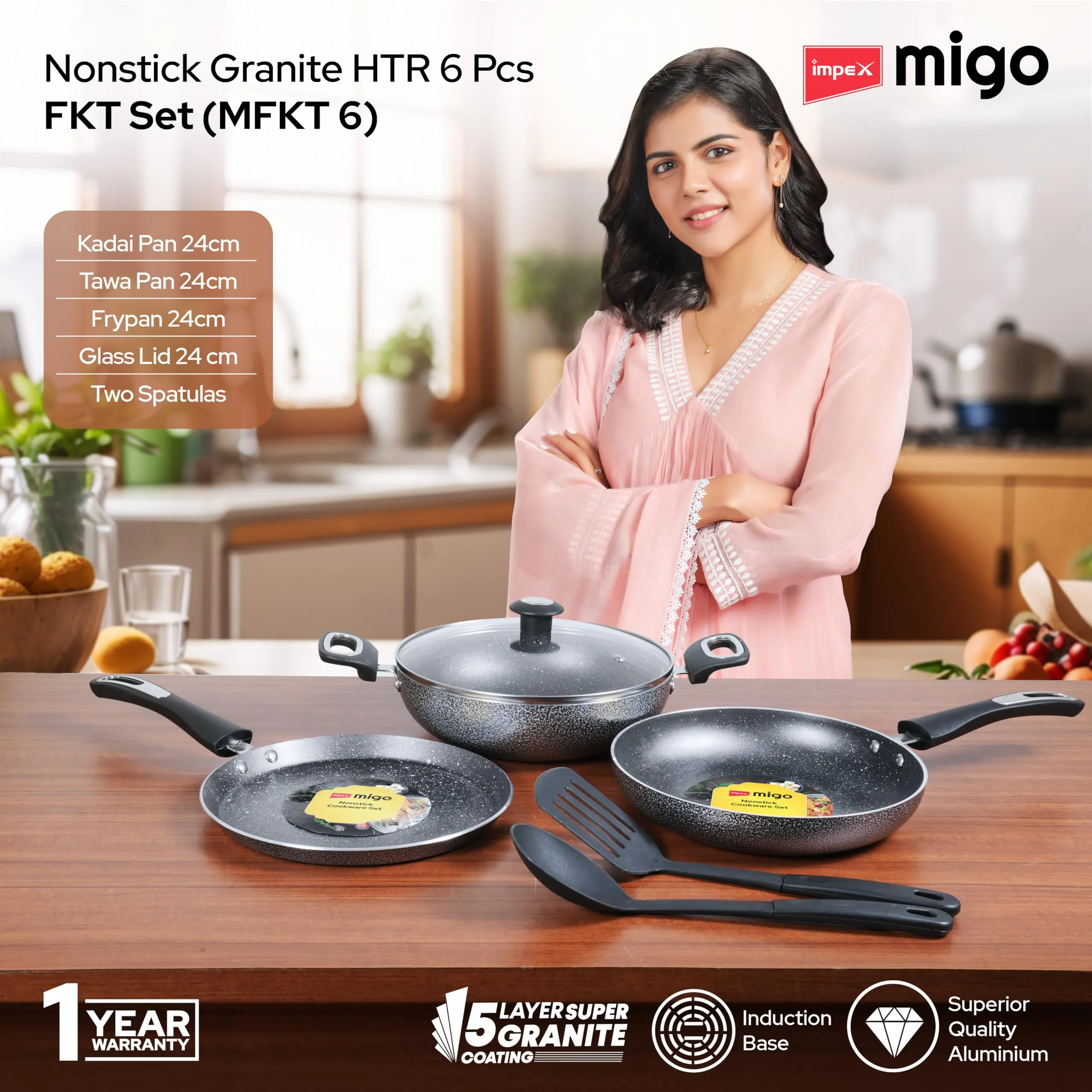 Impex Aluminium Migo Nonstick Granite 6 Pcs Induction Bottom Cookware Set 3 Mm Thick,Festival Gift Set Mfkt 6,5-Layer Super Granite Coated Cookware Set,Hammer Tone Exterior Finish,1 Yr Warranty, Grey