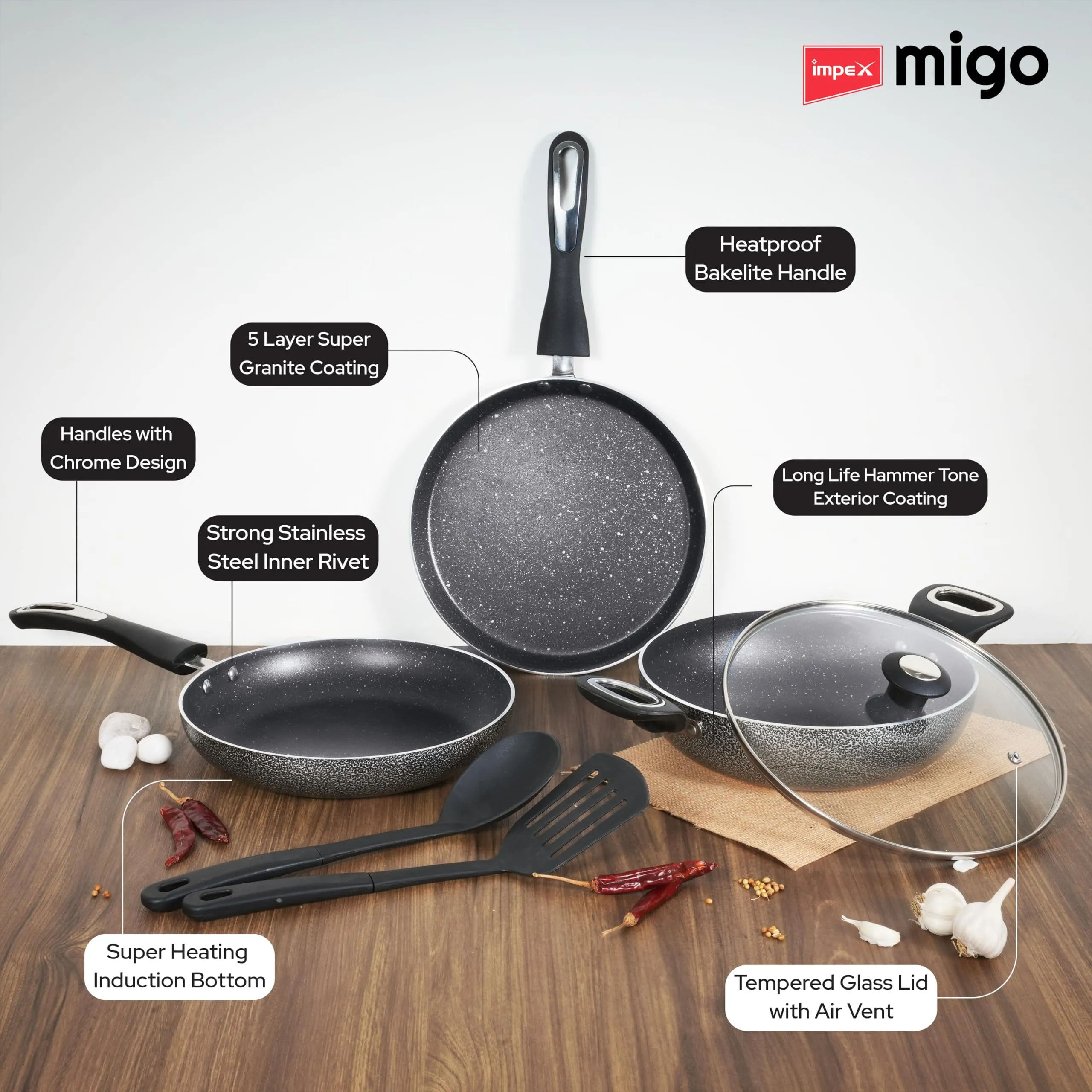 Impex Aluminium Migo Nonstick Granite 6 Pcs Induction Bottom Cookware Set 3 Mm Thick,Festival Gift Set Mfkt 6,5-Layer Super Granite Coated Cookware Set,Hammer Tone Exterior Finish,1 Yr Warranty, Grey