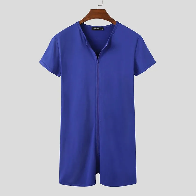 INCERUN 2024 Men Pajamas Rompers Solid Short Sleeve V Neck Zipper Cozy Sleepwear Playsuits Fitness Leisure Men Jumpsuit Homewear