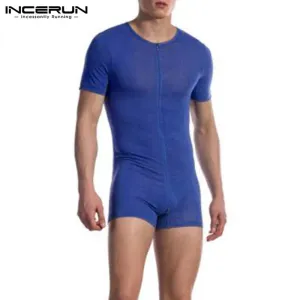 INCERUN 2024 Men Pajamas Rompers Solid Short Sleeve V Neck Zipper Cozy Sleepwear Playsuits Fitness Leisure Men Jumpsuit Homewear