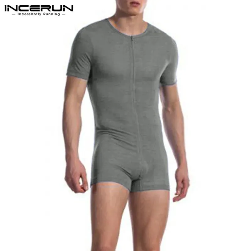 INCERUN 2024 Men Pajamas Rompers Solid Short Sleeve V Neck Zipper Cozy Sleepwear Playsuits Fitness Leisure Men Jumpsuit Homewear