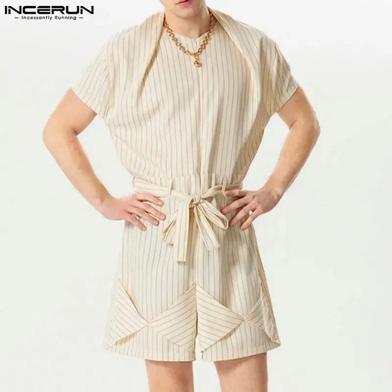 INCERUN Men Striped Rompers O-neck Short Sleeve Streetwear Summer Casual Male Shorts Jumpsuits With Belt 2024 Fashion Overalls