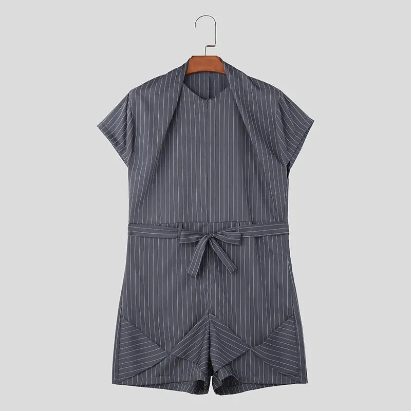 INCERUN Men Striped Rompers O-neck Short Sleeve Streetwear Summer Casual Male Shorts Jumpsuits With Belt 2024 Fashion Overalls