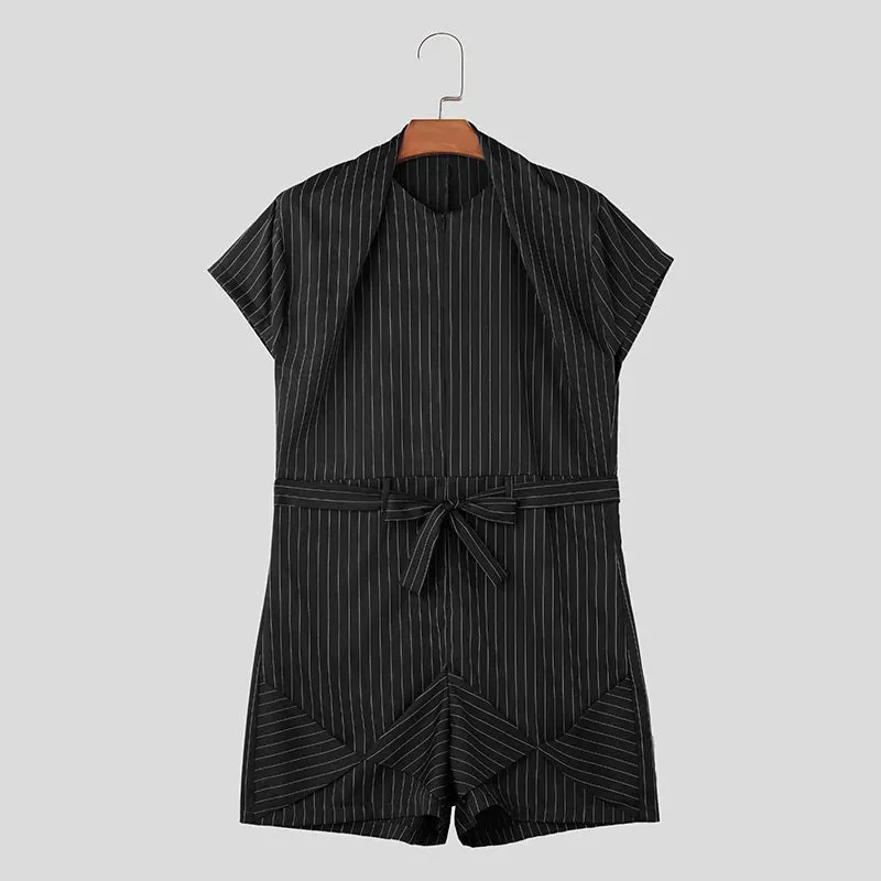 INCERUN Men Striped Rompers O-neck Short Sleeve Streetwear Summer Casual Male Shorts Jumpsuits With Belt 2024 Fashion Overalls