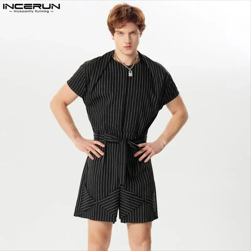 INCERUN Men Striped Rompers O-neck Short Sleeve Streetwear Summer Casual Male Shorts Jumpsuits With Belt 2024 Fashion Overalls