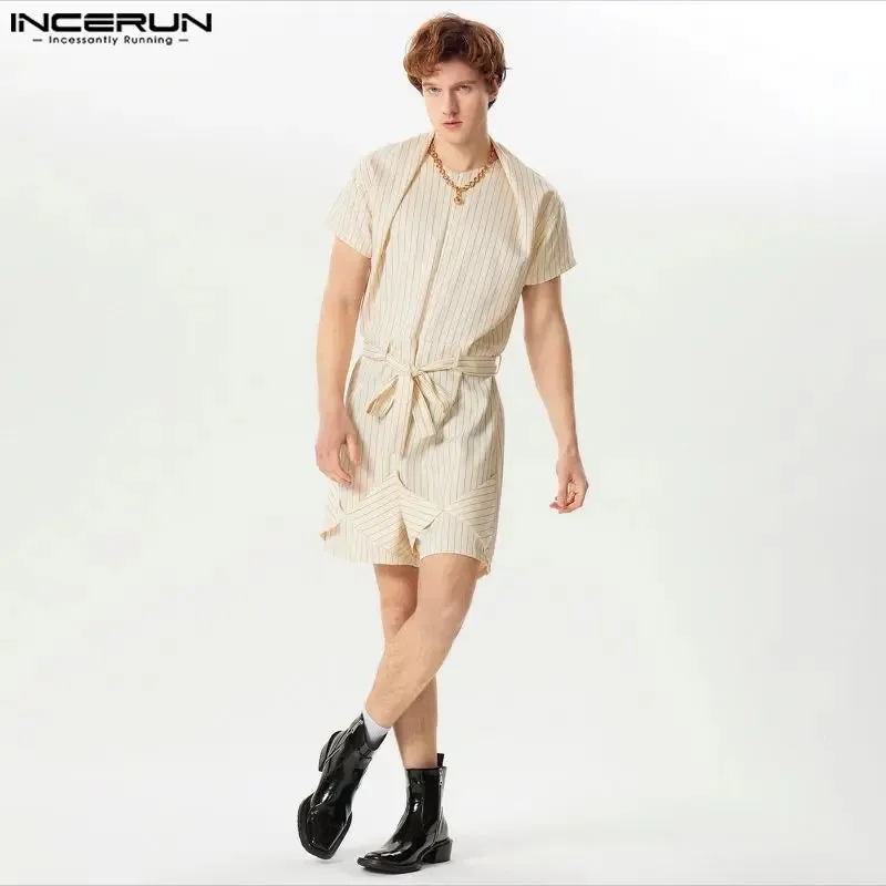 INCERUN Men Striped Rompers O-neck Short Sleeve Streetwear Summer Casual Male Shorts Jumpsuits With Belt 2024 Fashion Overalls