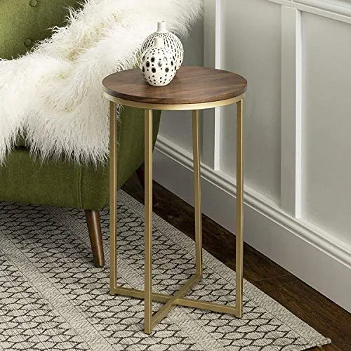 Indian Decor. 45693 Modern MDF Round Accent Table with X Base, 16 Inch, Walnut Brown, Gold