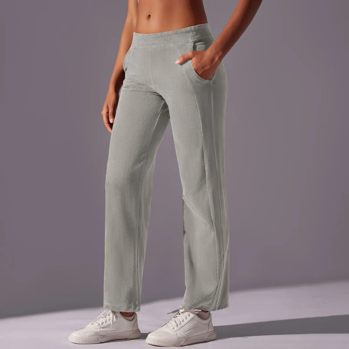 Internet Celebrity Loose Casual Corduroy Sports Pants Side Pocket Striped Drape Breathable Running Fitness Pants Women