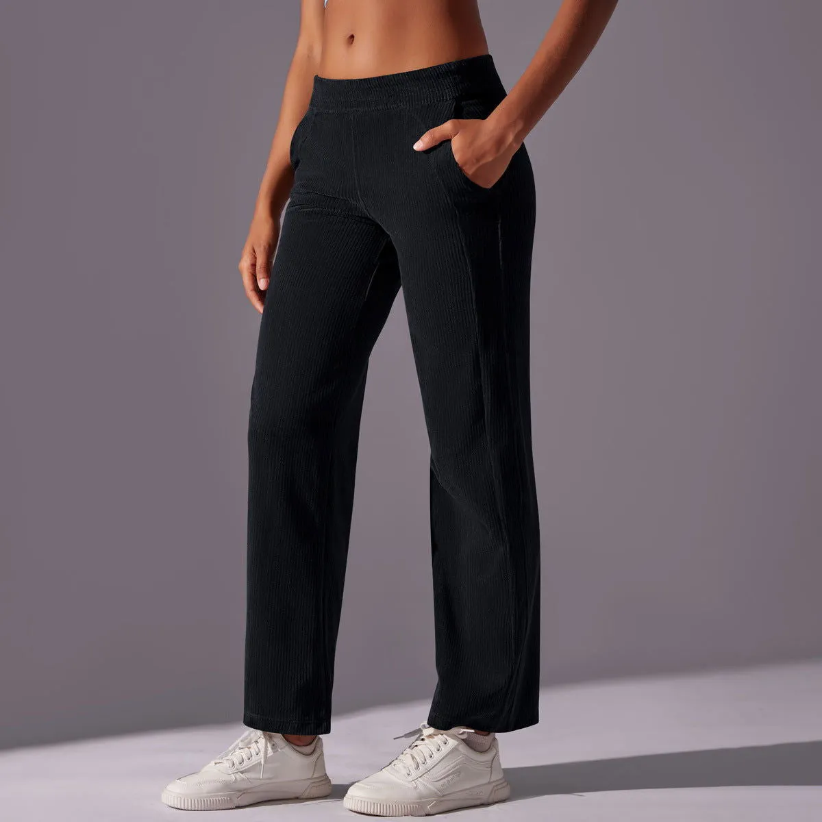 Internet Celebrity Loose Casual Corduroy Sports Pants Side Pocket Striped Drape Breathable Running Fitness Pants Women