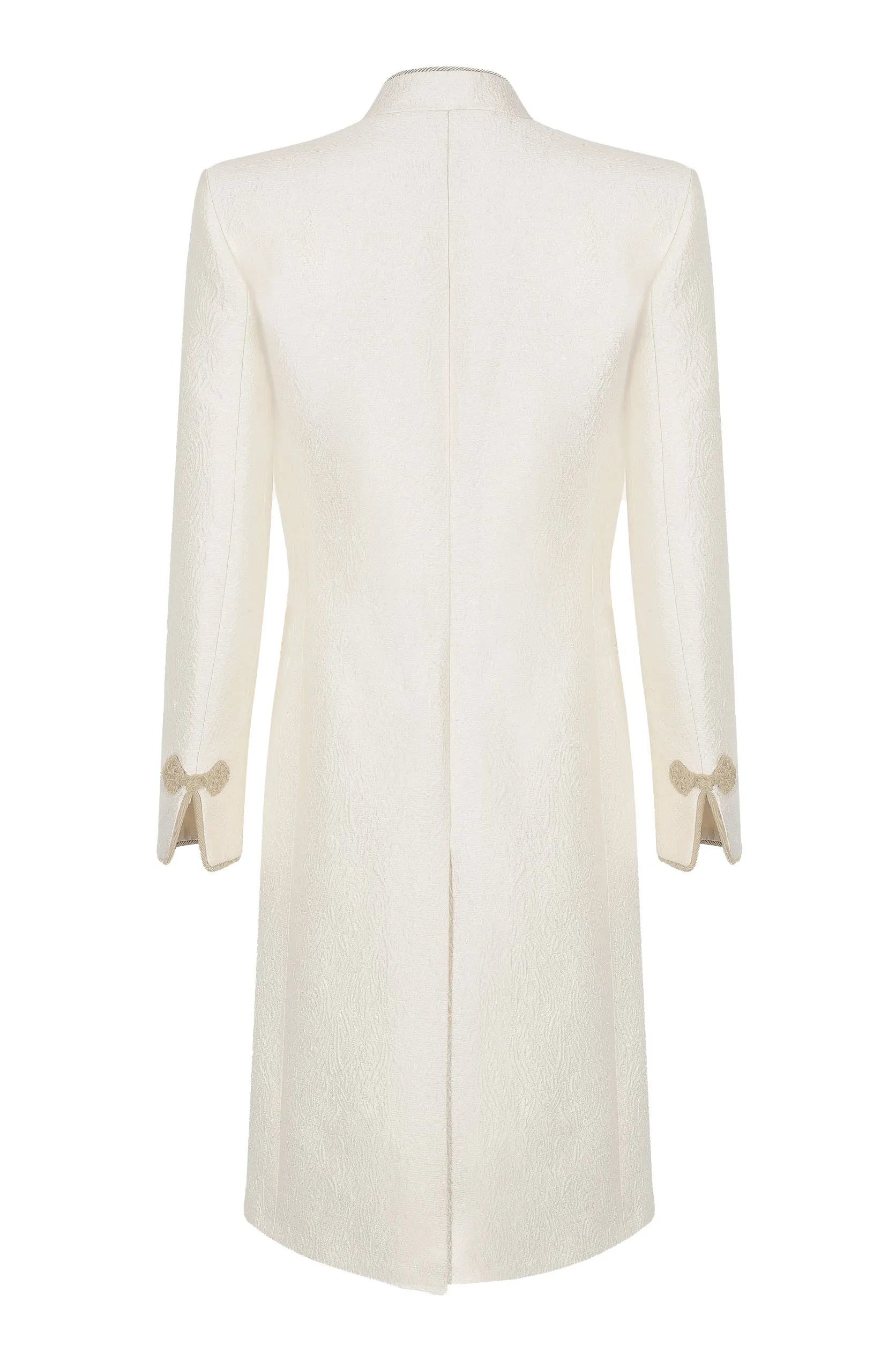 Ivory Dress Coat in Summer Brocade with Cord Trim and Frogging - Vicky