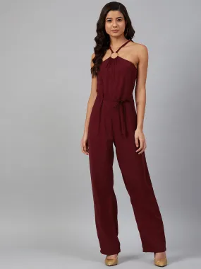 Jashvi Women Maroon Solid Basic Halter Neck Basic Jumpsuit