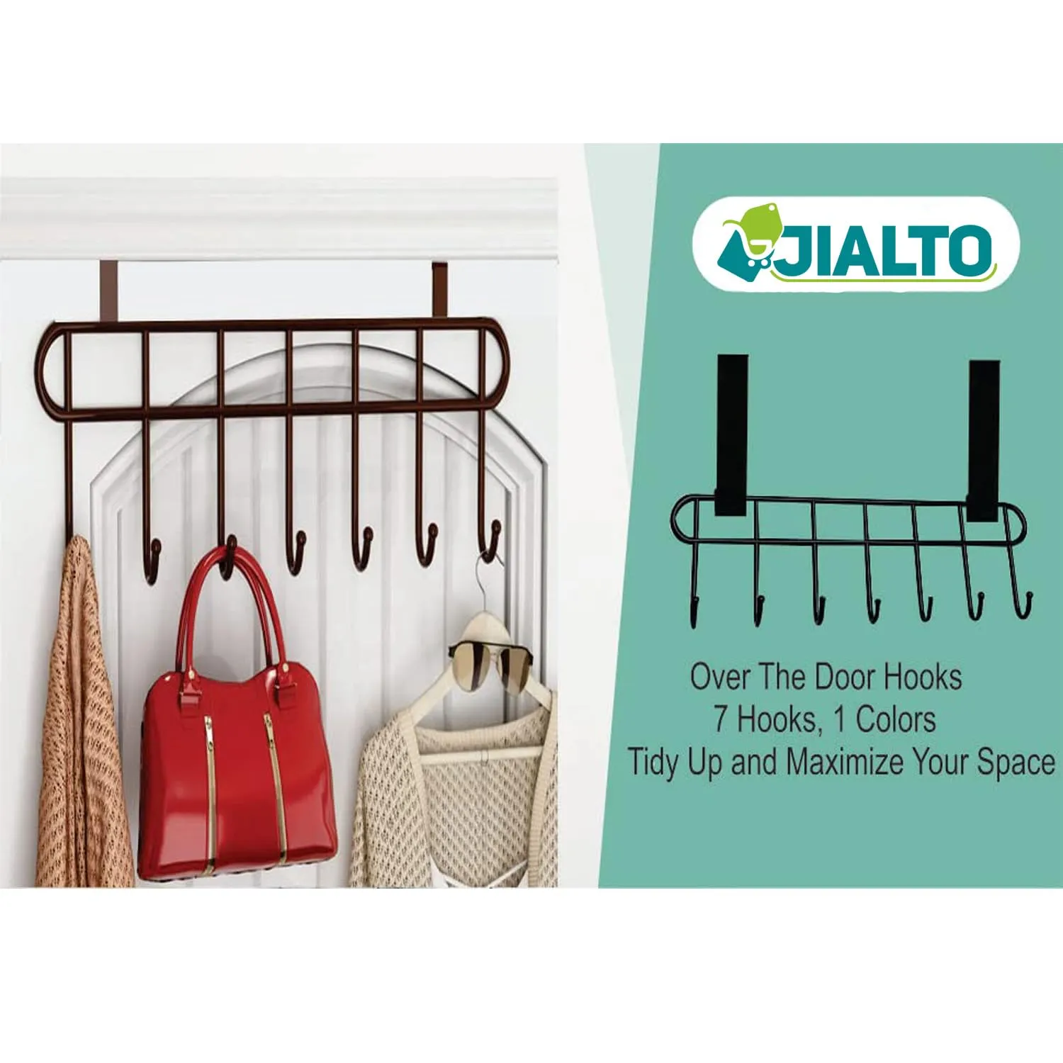 JIALTO Steel Over The Door Hook Hanger, Hanging Organizer Rack with No Hole Drilling Required for Bedroom, Bathroom & Kitchen Doors of Shirts, Belts, Towels with 7 Hook Rack (1 Black)