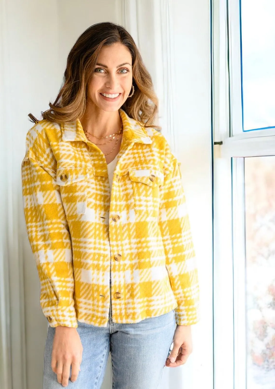 Jodifl Button Down Yellow Plaid Shacket