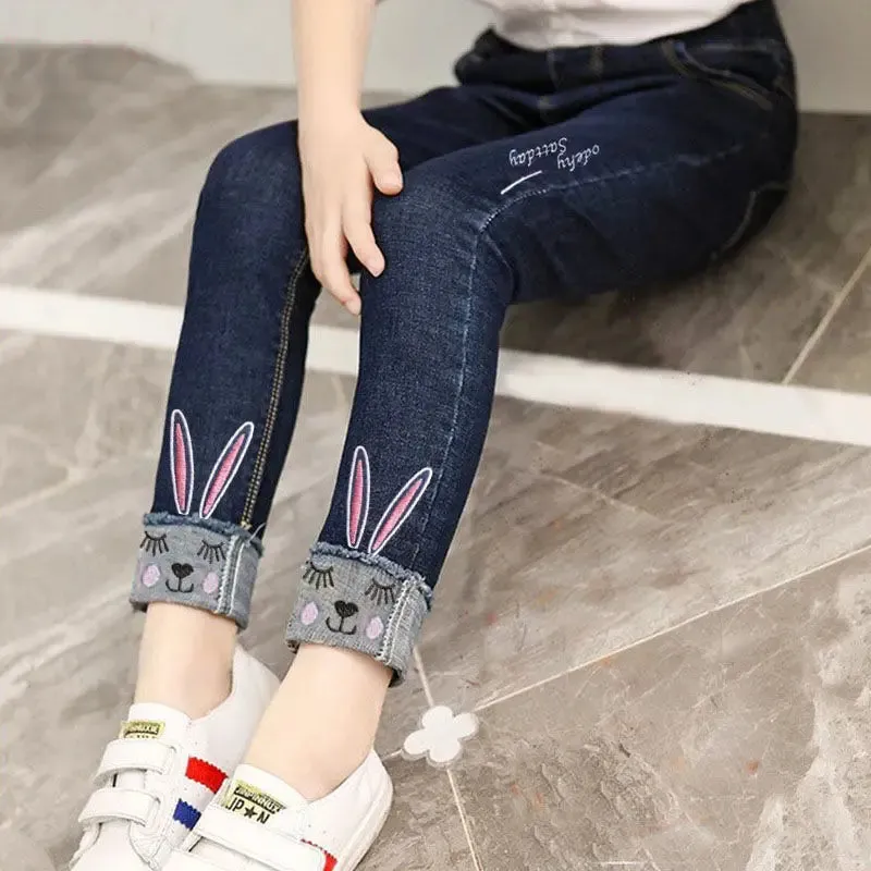 Kids Girl Jeans  Cartoon Long Pants Spring Autumn Graffiti Painting Print Casual Trousers with Hole Children Denim Pants