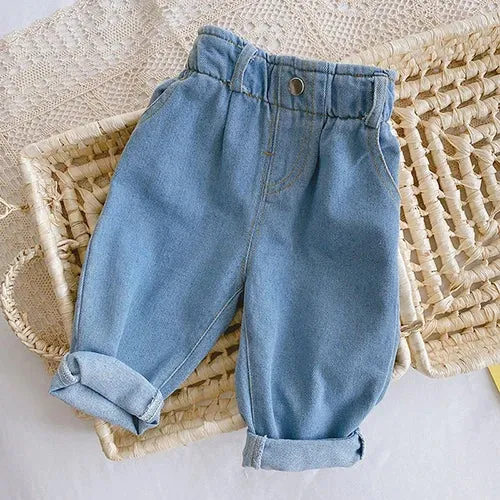 Korean Style Solid Color Cowboy Casual Fashion Pants Kids Elastic Waist Trousers Spring Autumn Baby Girls Boys Jeans