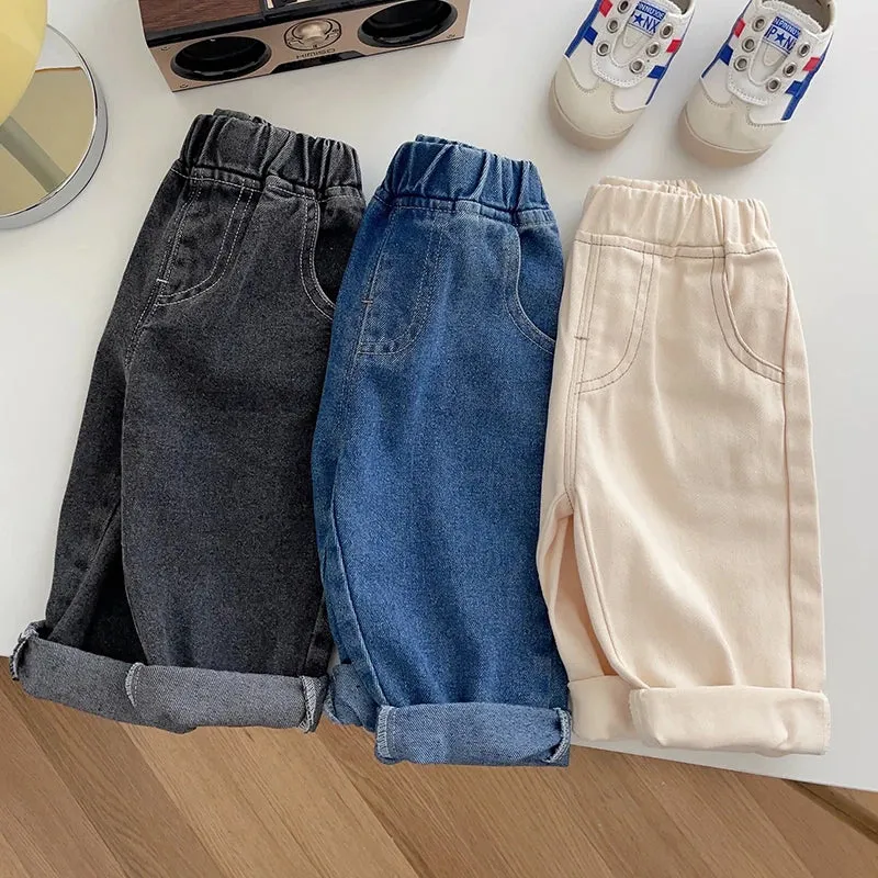 Korean Style Solid Color Cowboy Casual Fashion Pants Kids Elastic Waist Trousers Spring Autumn Baby Girls Boys Jeans