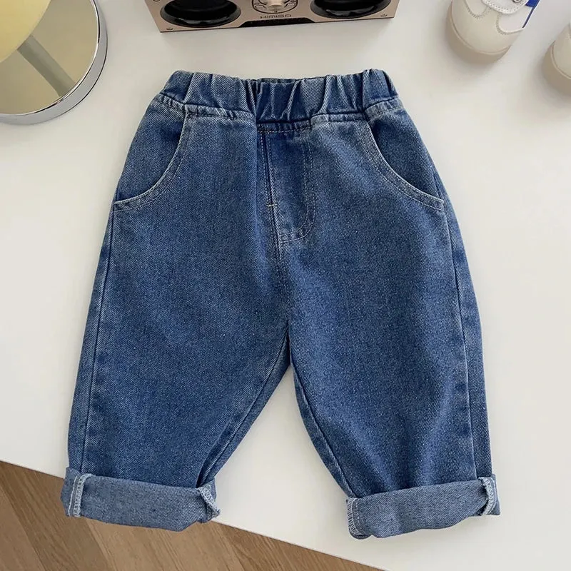 Korean Style Solid Color Cowboy Casual Fashion Pants Kids Elastic Waist Trousers Spring Autumn Baby Girls Boys Jeans