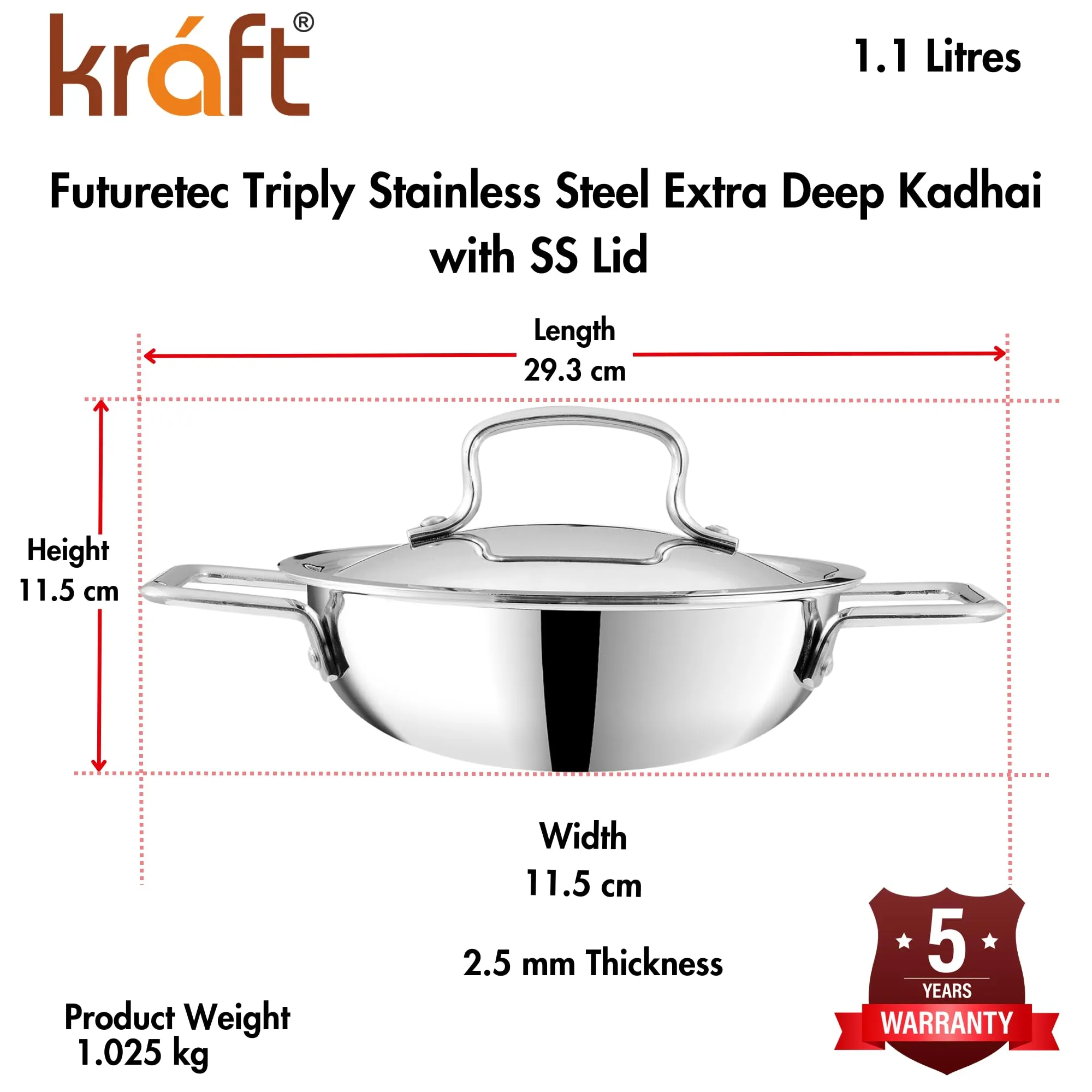 Kraft Futuretec Triply Stainless Steel Cookware Kadai - 1.1 litre, 18 cm / 2.5 mm Thick Extra Deep Kadhai/Kadai for Cooking/Induction Bottom, Gas Base / 5 Years Warranty