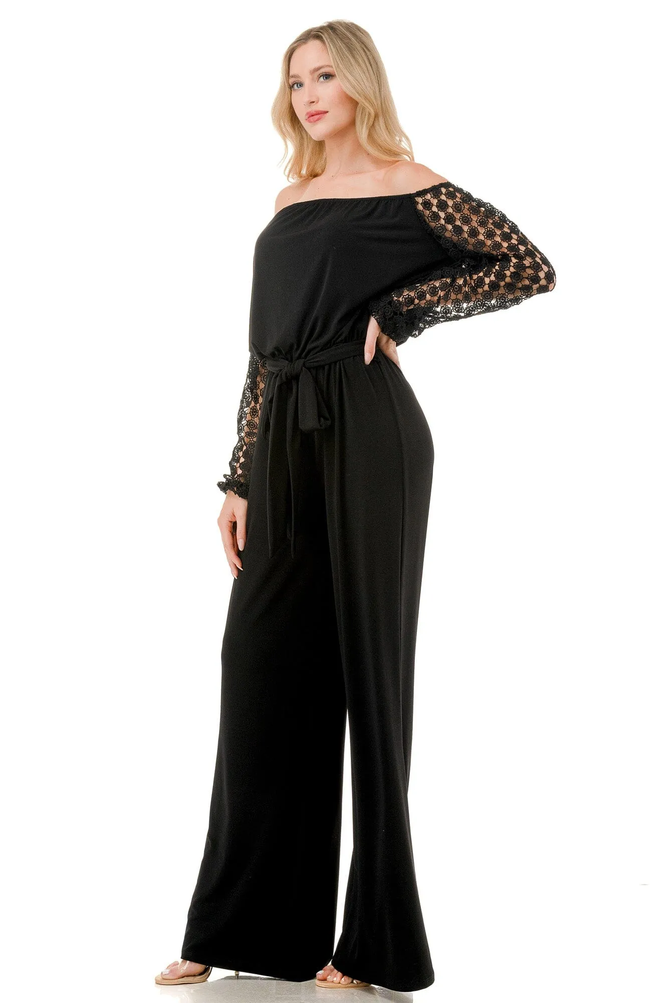 LACE LONG SLEEVE BELTED JUMPSUIT