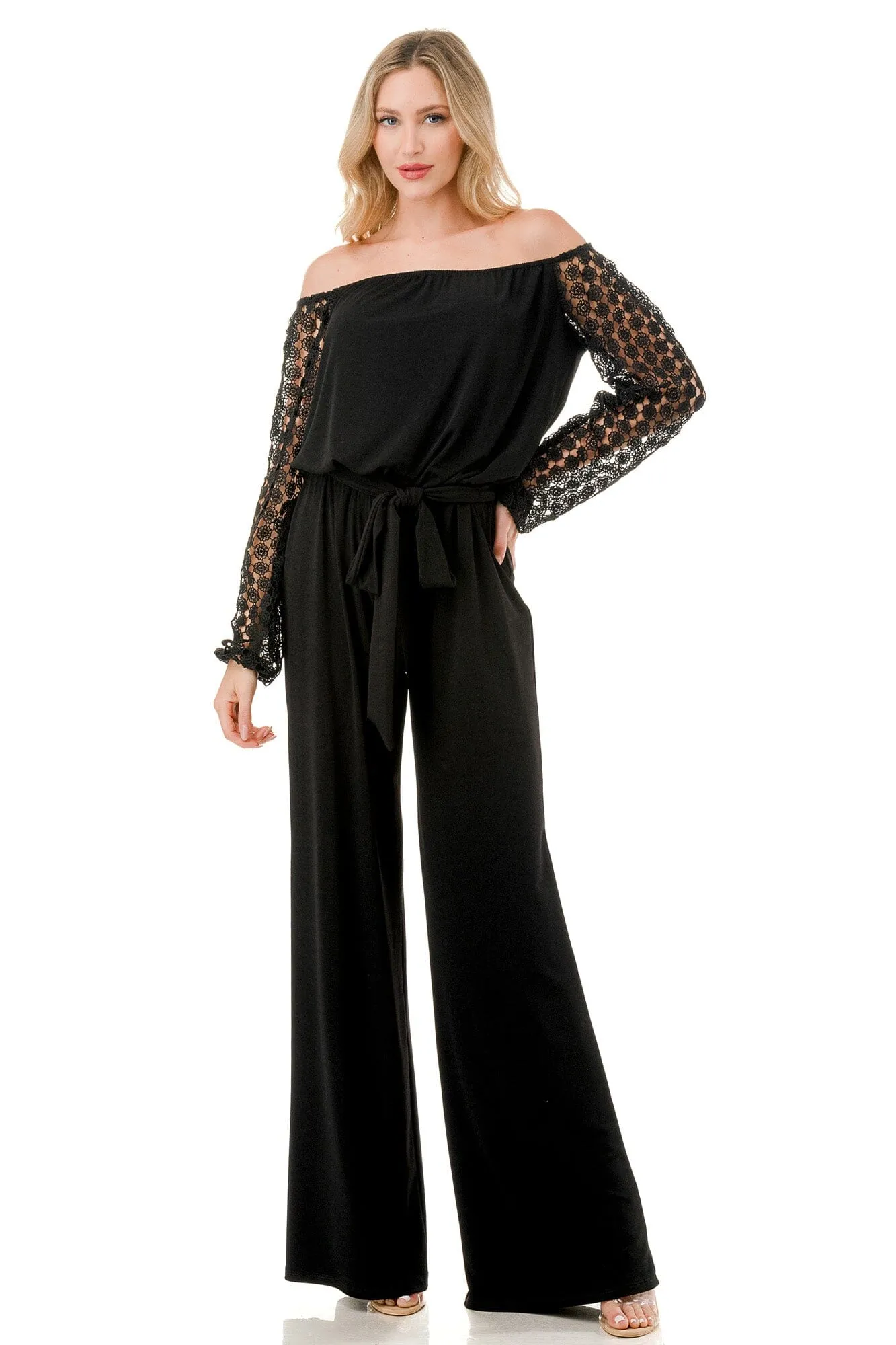 LACE LONG SLEEVE BELTED JUMPSUIT