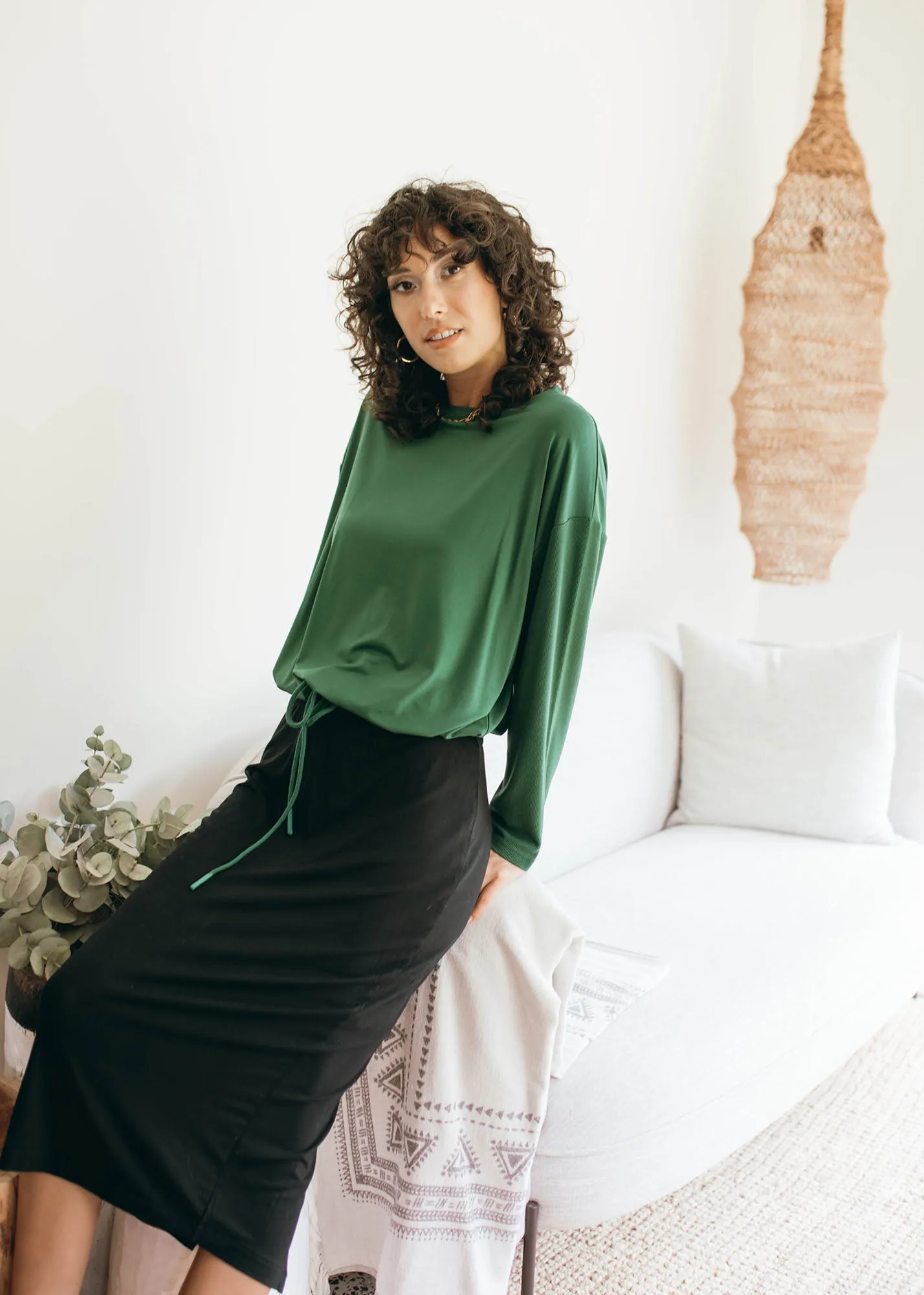 Lady Drawstring Oversized Bamboo Sweater - Forest Green