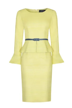 Lemon Yellow Raw Silk Peplum Dress with Fluted Cuffs - Catherine