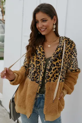 Leopard Zipper Hooded Fluffy Coat