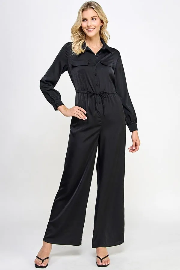 Long sleeve jumpsuit with waist drawstring