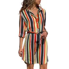 Long Sleeve Shirt Striped Print A-line Mini  Dress