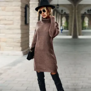 Long Sleeve Solid Color High Collar Sweater Dress Women Autumn Winter