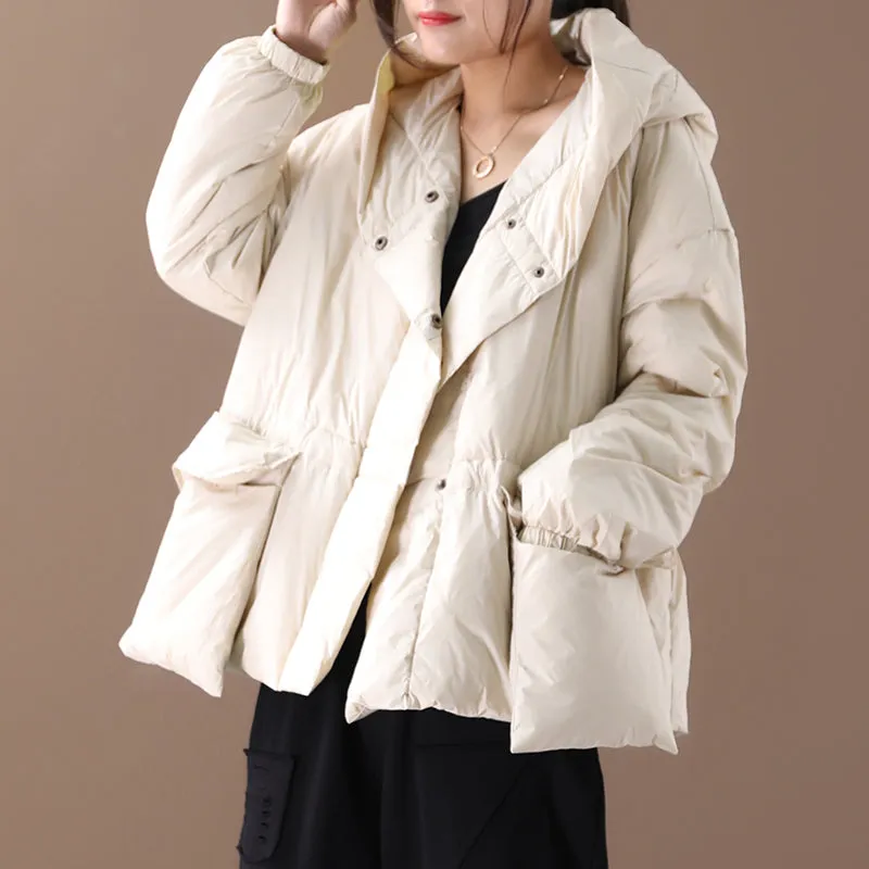 Loose large size irregular three-dimensional pocket hooded short down jacket