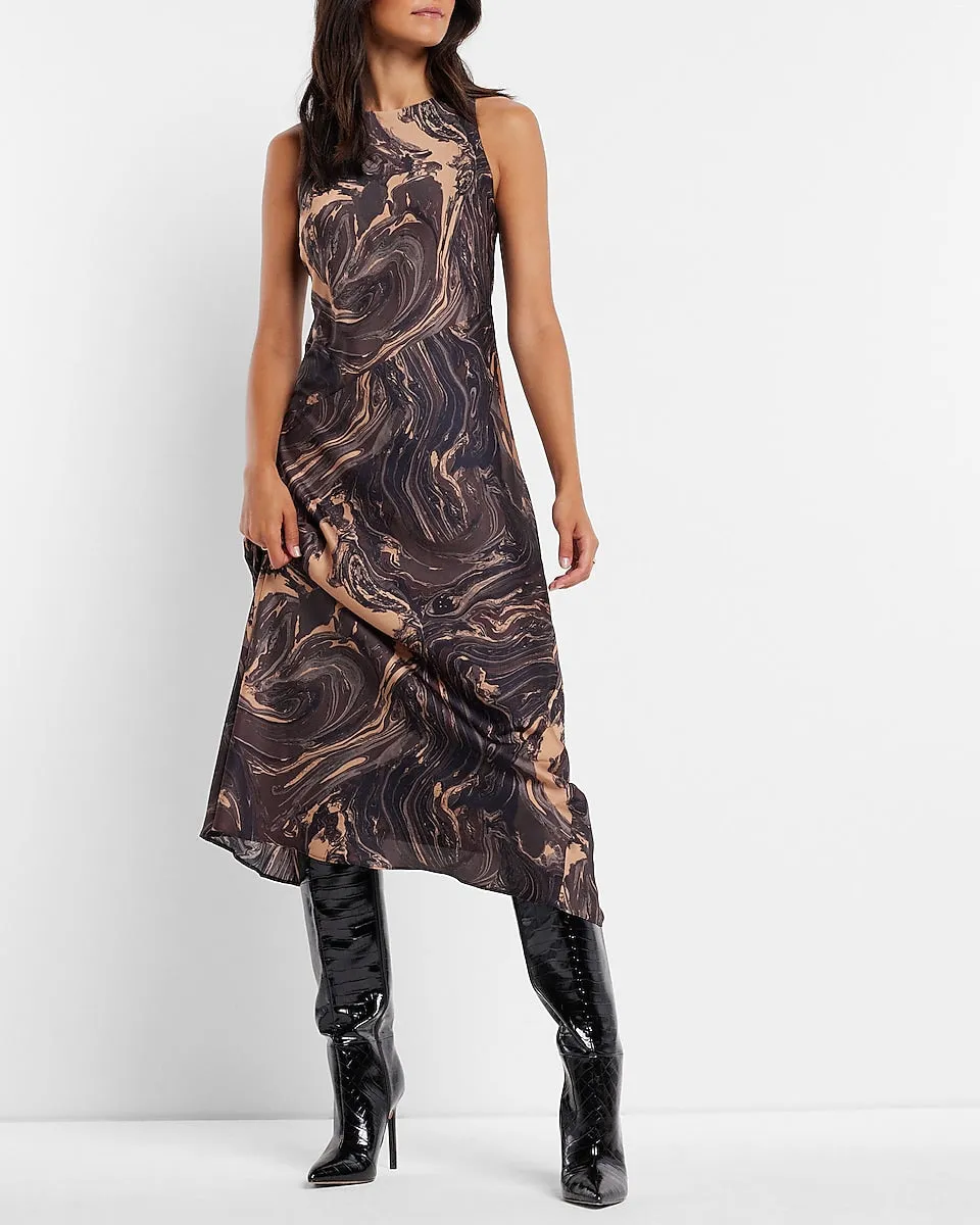 Marble Satin High Neck Slip Midi Dress in Print