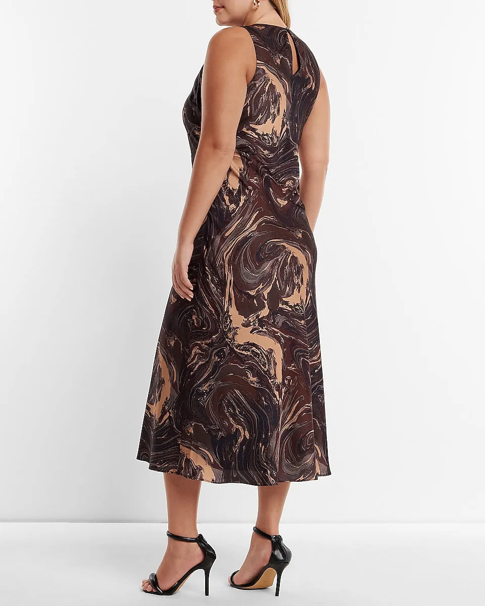 Marble Satin High Neck Slip Midi Dress in Print