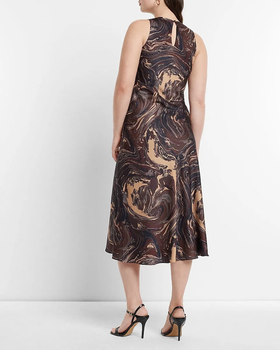 Marble Satin High Neck Slip Midi Dress in Print