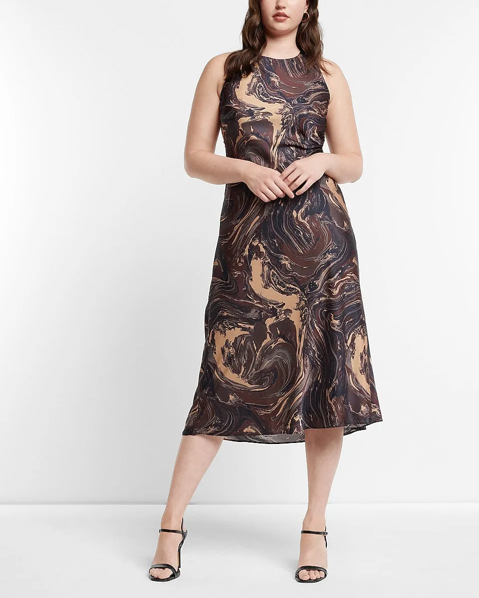 Marble Satin High Neck Slip Midi Dress in Print