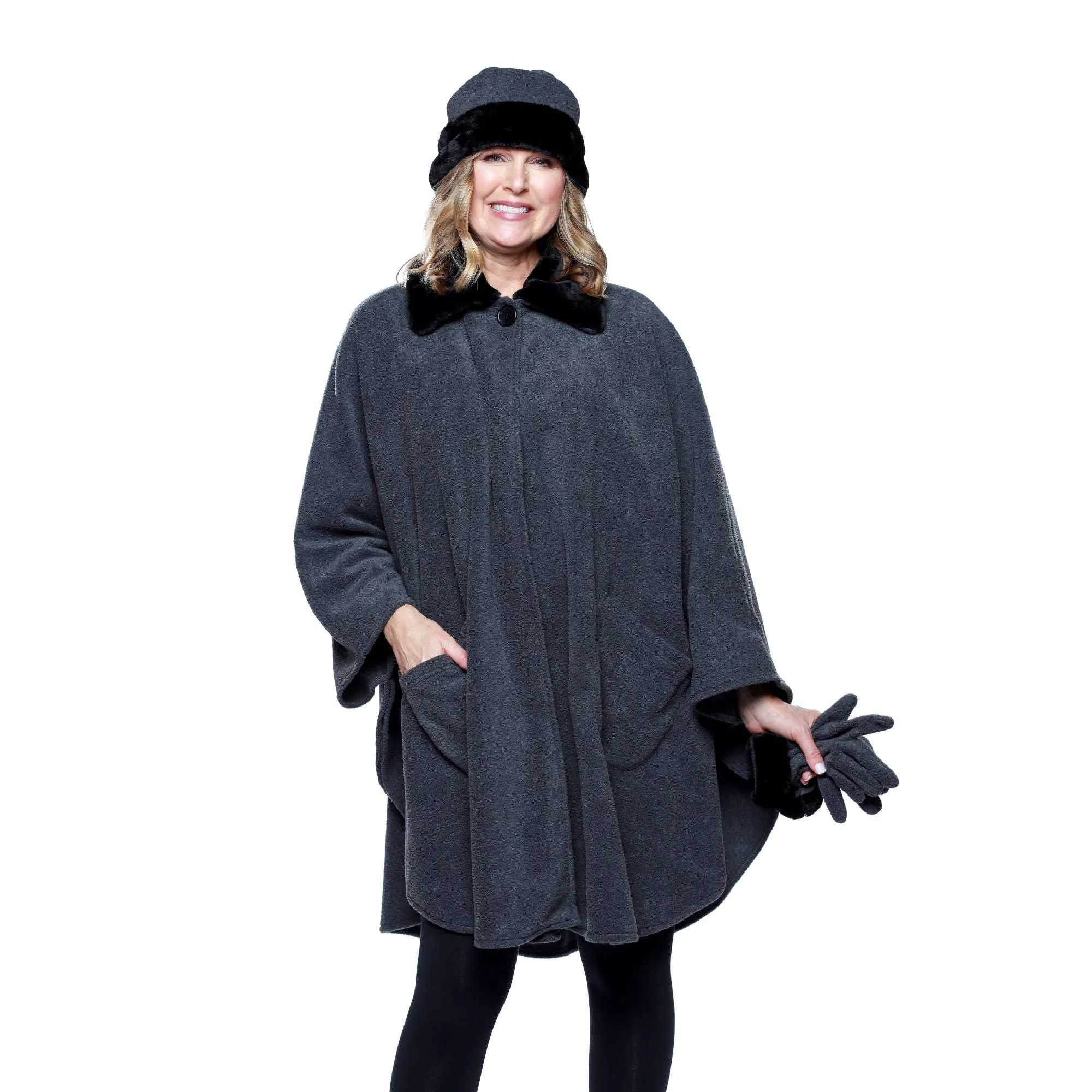 Marie Faux Fur Trim Cozy Coat Hat and Gloves Set