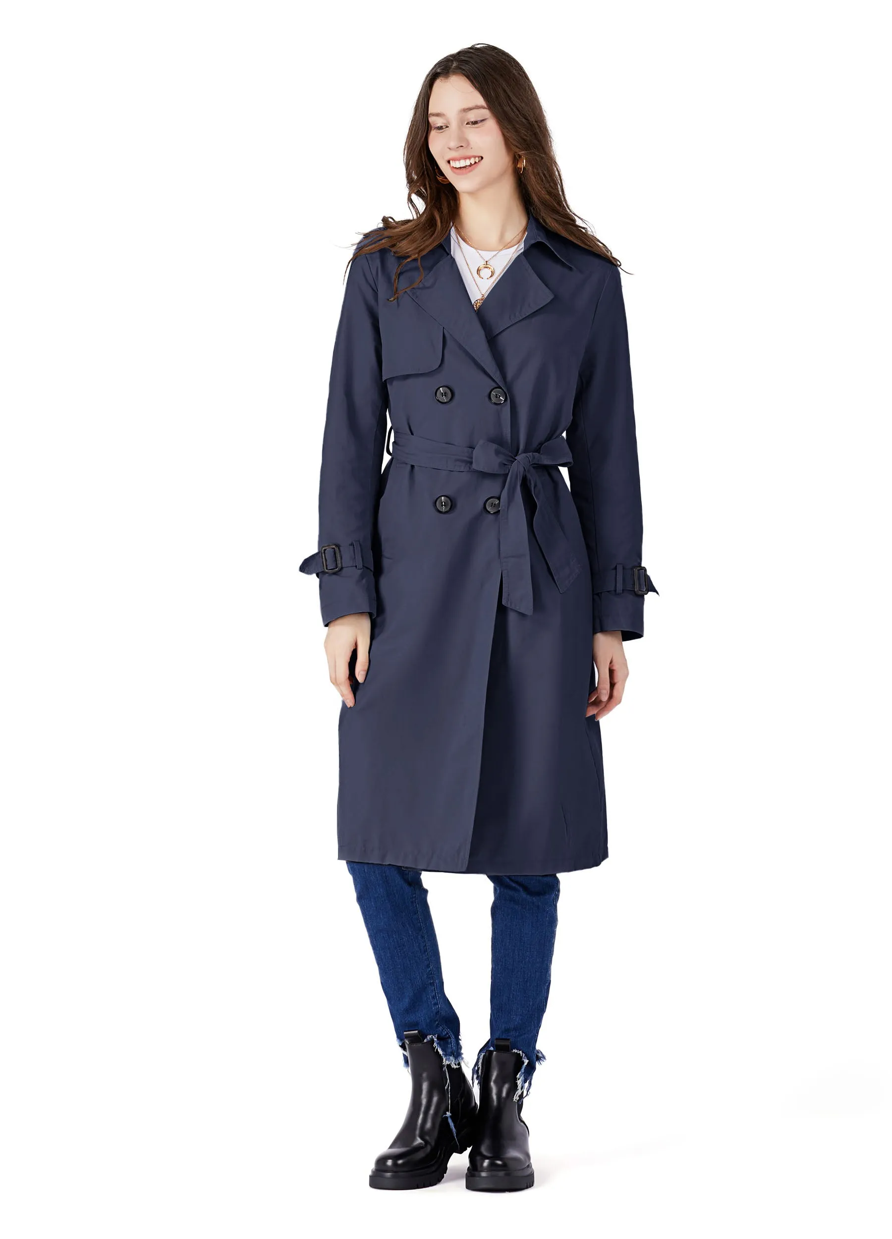 MECALA Women's Fall Long Trench Coat Double Breasted Windproof Overcoat