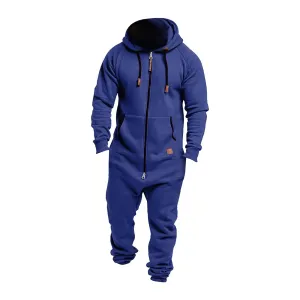 Men Hooded Jumpsuit Pure Color Splicing Autumn Winter Clothing Casual Hoodie Male Jumpsuit With Zipper