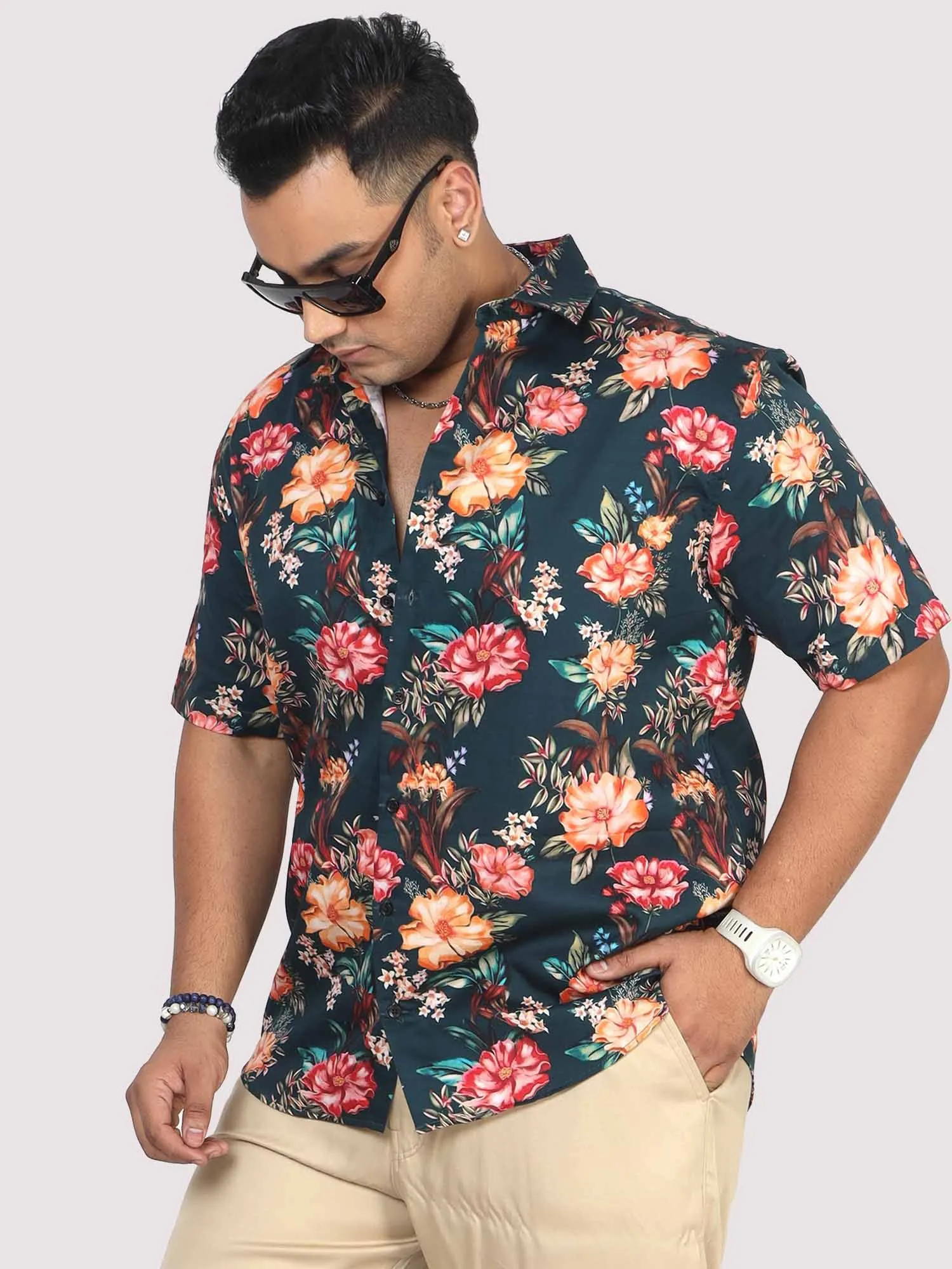 Men Plus Size Paradise Floral Digital Printed Half Shirt