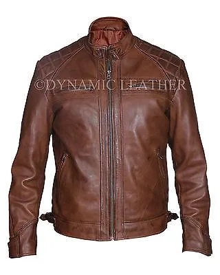 Men's Biker Quilted Vintage Distressed Motorcycle Cafe Racer Leather Jacket